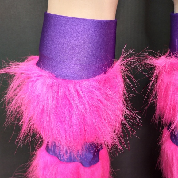 Pink Fur Leg Warmers Purple Striped Pants Fuzzy Fluffies Socks Cosplay Costume - Picture 4 of 7